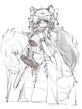 1futa after_masturbation animal_ear_fluff animal_ears arknights artificial_vagina bell braid cum dress erection futanari greyscale hitobashira_(1746164306) holding long_hair monochrome penis pramanix_(arknights) rolling_eyes sex_toy simple_background snow_leopard_ears solo spiked_penis testicles thighhighs uncensored white_background