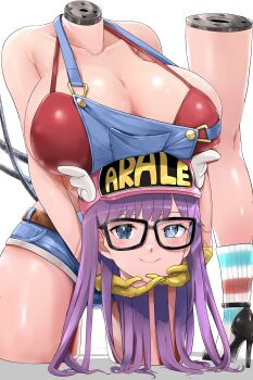 1girl absurdres age_progression aged_up alternate_breast_size_(larger) android baseball_cap bikini bikini_top_only bikini_under_clothes blue_eyes blue_overalls blush breasts disembodied_hand disembodied_head dr._slump hat headless highres holding_detached_head humanoid_robot kntrs_(knyrs) large_breasts long_hair mechabare norimaki_arale overall_shorts overalls purple_hair robot smile socks solo striped_clothes striped_socks swimsuit white_background winged_hat