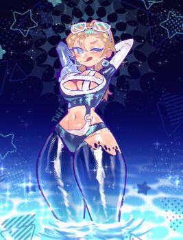 1girl belly blonde_hair blue_eyes blush breasts cleavage cleavage_cutout clothing_cutout earrings eyewear_on_head fantastic_four highres jewelry large_breasts long_hair looking_at_viewer marvel marvel_rivals navel official_alternate_costume one-piece_swimsuit partially_invisible smile solo sue_storm sue_storm_(azure_shade) sunglasses swimsuit thighs tuiffff