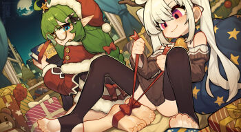 2girls :3 ahoge barefoot bell black_choker black_thighhighs blue_eyes bow box braid brown_sweater candy_cane_hair_ornament capelet choker christmas clenched_teeth closed_mouth commentary commission dress english_commentary feet food-themed_hair_ornament fur-trimmed_capelet fur-trimmed_dress fur-trimmed_sleeves fur_trim gift gift_box glasses green_hair hair_bow hair_ornament hat indoors kotoba_(1074421015) long_hair long_pointy_ears long_sleeves looking_at_another low_twin_braids multiple_girls neck_bell off-shoulder_sweater off_shoulder original pink_eyes pointy_ears red_bow red_capelet red_dress red_hat santa_costume santa_dress santa_hat sitting smile soles star_(symbol) star_hair_ornament stirrup_legwear sweater teeth thighhighs toeless_legwear toes twin_braids twintails tying very_long_hair white_hair yellow-framed_eyewear