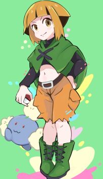 Rule 34 | 1girl, belt, belt buckle, black hair, black shirt, boots, brown belt, buckle, capelet, closed mouth, commentary request, cropped shirt, full body, gardenia (pokemon), gen 2 pokemon, green background, green boots, green capelet, hand on own hip, highres, holding, holding poke ball, jumpluff, looking at viewer, midriff, multicolored hair, navel, nintendo, orange hair, orange shorts, poke ball, poke ball (basic), pokemon, pokemon (creature), pokemon dppt, shirt, shorts, smile, tabo (tabokicchan), two-tone hair