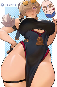 1girl armband black_dress blonde_hair blue_background breasts china_dress chinese_clothes closed_mouth clothing_aside clothing_cutout cutout_above_navel dress eyewear_on_head fingerless_gloves gloves hair_over_one_eye hand_fan highres holding holding_fan holy_meh orange-tinted_eyewear patreon_logo patreon_username pelvic_curtain pelvic_curtain_aside purple_eyes single_fingerless_glove solo sunglasses sweety_(zenless_zone_zero) thigh_strap thighs tinted_eyewear tuanshan underboob_cutout white_background yellow-tinted_eyewear zenless_zone_zero