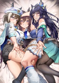 3girls anchor_necklace armpits ass black_pantyhose black_shorts black_socks blue_bow blue_bowtie blue_cape blue_hair blue_skirt blush bow bowtie breasts brown_hair cape cheval_grand_(grand_itineraire)_(umamusume) cheval_grand_(umamusume) ear_covers earrings feet_out_of_frame fuwamozzi grin hashtag-only_commentary hat highres horse_girl jewelry large_breasts long_hair looking_at_viewer lying multiple_girls necklace on_back on_bed on_side paid_reward_available pantyhose peaked_cap pleated_skirt purple_eyes reaching reaching_towards_viewer shirt short_hair shorts skirt sleeves_rolled_up smile socks umamusume verxina_(le_beau_sommet)_(umamusume) verxina_(umamusume) vivlos_(umamusume) vivlos_(voyage_etincelant)_(umamusume) white_hat white_shirt white_skirt