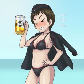 Rule 34 | > <, 1girl, alcohol, beer, beer mug, bikini, black bikini, black hat, black jacket, breasts, brown hair, cleavage, closed eyes, commentary request, cross, cup, emblem, garrison cap, girls und panzer, grin, hand on own hip, hat, horizon, iron cross, jacket, jacket on shoulders, kkonmulbeom nyomy, kojima emi, kuromorimine (emblem), kuromorimine military uniform, medium breasts, mug, ocean, red trim, short hair, smile, solo, swimsuit, upper body