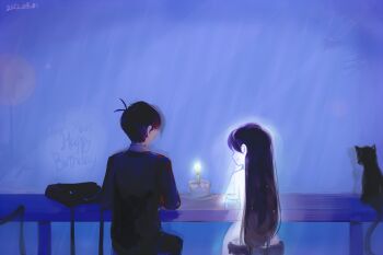 1boy 1girl 2022 animal antenna_hair bag black_bag black_cat black_jacket black_pants blue_background brother_and_sister cake candle cat character_name chinese_commentary closed_mouth collared_shirt colored_skin commentary_request cowboy_shot dated dress elbows_on_table english_text eyepatch food from_behind glowing happy_birthday highres indoors jacket light_particles long_hair long_sleeves mari_(omori) mari_(spirit)_(omori) mewo omori on_stool pants plate profile school_bag school_uniform shadow shirt short_hair short_sleeves siblings simple_background sitting smile spoilers straight_hair sunny_(omori) table very_long_hair very_short_hair white_dress white_shirt white_skin yoyoseafish