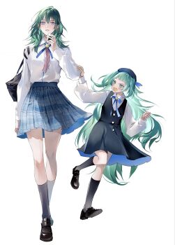 2girls alternate_costume bag black_bag black_shoes black_socks blue_hair blue_hat blue_skirt blush breasts commentary_request contemporary female_byleth_(fire_emblem) fire_emblem fire_emblem:_three_houses food green_hair hat highres holding holding_food large_breasts long_hair multiple_girls nintendo purple_eyes school_bag school_uniform shirt shoes simple_background skirt socks sothis_(fire_emblem) two_side_up very_long_hair white_background white_shirt zat_296