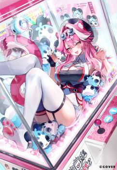 1girl black_hat black_shirt blush breasts chattino_(raora_panthera) claw_pose cleavage commentary controller english_commentary fang goggles goggles_on_head hair_intakes hands_up hat highres hololive hololive_english joystick large_breasts official_art open_mouth pink_hair raora_panthera raora_panthera_(1st_costume) raora_panthera_(artist) reclining shirt skirt smile solo thighhighs virtual_youtuber white_hair white_skirt white_thighhighs yellow_eyes