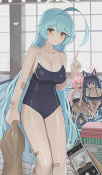 2boys 3girls absurdres ahoge aqua_hair bikini black_bikini black_hair blue_archive blue_eyes breasts cellphone dolri doodle_sensei_(blue_archive) halo heterochromia highres holding holding_phone hoshino_(blue_archive) hoshino_(swimsuit)_(blue_archive) index_finger_raised large_breasts long_hair multiple_boys multiple_girls phone pink_eyes pink_halo pool red_eyes sensei_(blue_archive) serika_(blue_archive) serika_(swimsuit)_(blue_archive) smile swimsuit twintails water white_bikini yellow_eyes yellow_halo yume_(blue_archive)