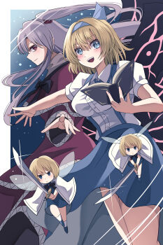 2girls absurdres alice_margatroid alice_margatroid_(pc-98) black_background black_bow blonde_hair blue_dress blue_eyes blue_hairband blue_ribbon blue_shoes blue_skirt blue_suspenders blush book bow breasts cape commentary_request dress feet_out_of_frame fighting_stance floating_hair flying from_side frown glint grey_hair grin hair_between_eyes hair_bobbles hair_ornament hair_ribbon hairband half_updo happy_ginko highres holding holding_book holding_sword holding_weapon large_breasts light_particles long_hair long_sleeves looking_at_viewer looking_to_the_side multiple_girls outstretched_arm pointing pointing_at_viewer puffy_short_sleeves puffy_sleeves red_eyes red_robe revision ribbon robe shinki_(touhou) shirt shoes short_hair short_sleeves sidelighting skirt smile socks sword teeth touhou touhou_(pc-98) transparent_wings upper_teeth_only v-shaped_eyebrows very_long_hair weapon white_cape white_shirt white_socks white_trim wide_sleeves
