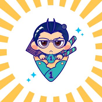 1boy :< ascot atuz1988127metu black_hair blue_ascot blueberry brown_eyes chibi chibi_only chocolate closed_mouth commentary crepe food fruit glasses highres in_food long_sleeves looking_at_viewer male_focus nanjou_kei persona persona_1 school_uniform short_hair simple_background solo sparkle st._hermelin_school_uniform symbol-only_commentary white_background