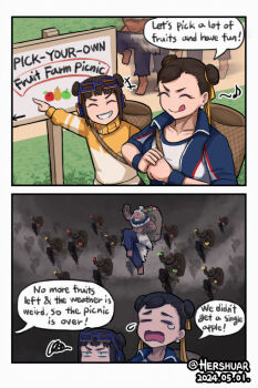 akuma_(street_fighter) annoyed aura barefoot bead_necklace beads capcom chun-li cloud crying dated double_bun english_text farm flying food fruit glowing glowing_eyes hair_bun hershuar jewelry li-fen muscular muscular_male necklace official_alternate_costume official_alternate_hairstyle path road shun_goku_satsu smiley_face speech_bubble street_fighter street_fighter_6 tongue tongue_out too_many_clones