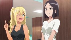 3boys 3girls animated anime_screenshot audible_speech black_hair black_tank_top blank_stare blonde_hair blue_tank_top blue_track_suit breasts dark-skinned_female dark_skin dumbbell_nan_kilo_moteru? english_audio exercising fang green_eyes head_tilt hime_cut indoors insult long_hair machio_naruzou mole mole_under_eye multiple_boys multiple_girls muscular muscular_male profanity red_shorts sakura_hibiki scared shaded_face shirt shirt_tug shorts sound souryuuin_akemi sweat tachibana_satomi talking tank_top track_suit twintails video weightlifting white_shirt yellow_eyes