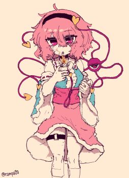 Rule 34 | 1girl, bare shoulders, black hairband, cigarette, detached sleeves, fire, hair between eyes, hairband, highres, holding, holding lighter, komeiji satori, lighter, long sleeves, looking at viewer, pink eyes, pink hair, rampa93, short hair, simple background, solo, third eye, touhou, twitter username, wide sleeves