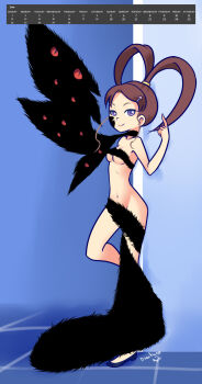 10s 1girl 2016 amano_nene_(digimon_xros_wars) black_footwear breasts brown_hair calendar corruption dark_persona darkness digimon digimon_(creature) digimon_xros_wars drantyno hair_ornament hairclip highres index_finger_raised june long_hair looking_at_viewer navel nude ponytail possessed possession purple_eyes red_eyes shademon shademon_(nene_ver.) shadow shoes small_breasts smile split_ponytail standing