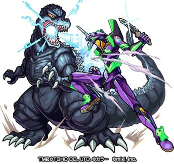 artist_request blue_electricity claws colored_sclera cross_promotion crossover cyborg dinosaur dust electricity energy energy_ball english_text eva_01 gainax giant giant_monster giant_robot glint glowing glowing_eyes glowing_mouth godzilla godzilla_(series) horns japanese_text kaiju khara_(animation_studio) knife mecha mixi monster monster_strike multiple_crossover neon_genesis_evangelion no_humans no_pupils official_art progressive_knife rebuild_of_evangelion red_sclera robot sharp_teeth simple_background single_horn spikes tail teeth toho tongue weapon white_background yellow_eyes