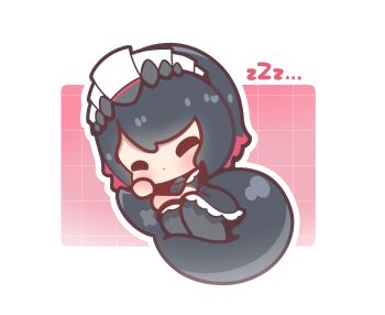 1girl black_hair border chibi chibi_only closed_eyes closed_mouth commentary decrilus ellen_joe english_commentary fins fish_tail full_body gradient_background grid_background highres lying maid maid_headdress on_side outline outside_border red_background shark_girl shark_tail short_hair sleeping solo tail white_border white_outline zenless_zone_zero zzz