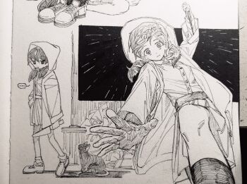 ... 1girl arm_up cat chinese_commentary closed_mouth commentary_request genderswap genderswap_(mtf) greyscale highres holding holding_knife hood hood_up hooded_jacket jacket knife looking_at_viewer low_twintails monochrome moonskysoon omori omori_(omori) open_clothes open_jacket pleated_skirt shoes short_hair short_twintails skirt sneakers socks solo speech_bubble spoken_ellipsis traditional_media twintails