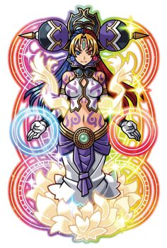 Rule 34 | 1girl, balancile, bare shoulders, blue eyes, breasts, cleavage cutout, closed mouth, clothing cutout, detached sleeves, earrings, forehead jewel, forehead tattoo, gloves, hagoromo, hair ornament, harakawa mitsuhiro, heterochromia, jewelry, long hair, medium breasts, navel, official art, red eyes, shawl, shinrabanshou, shoulder tattoo, solo, sparkle, stomach tattoo, tattoo, third-party source, transparent background, white gloves