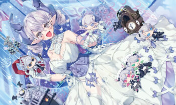 1girl 3others arianna_the_labrynth_servant arianne_the_labrynth_servant arias_the_labrynth_butler banner blush breasts cleavage corset demon_girl demon_horns demon_wings detached_collar dress drill_hair duel_monster gloves grey_corset grey_eyes hair_between_eyes highres holding holding_stuffed_toy horns knight_(yu-gi-oh!) labrynth_chandraglier labrynth_cooclock labrynth_stovie_torbie large_breasts looking_at_viewer lovely_labrynth_of_the_silver_castle multiple_others nakazawa_aki open_mouth pointy_ears smile strapless strapless_dress stuffed_toy thighhighs transparent_wings twin_drills white_dress white_gloves white_hair white_thighhighs wings yu-gi-oh!
