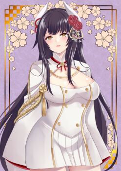 1girl azur_lane blush breasts cleavage commentary_request couli_(pochi_pan) dress flower hair_flower hair_ornament haori hiei_(azur_lane) horns japanese_clothes large_breasts lips long_hair long_sleeves looking_at_viewer open_mouth purple_background smile solo white_haori wide_sleeves yellow_eyes