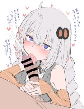 1boy 1girl bar_censor blue_eyes braid braided_ponytail censored clothed_female_nude_male cum detached_sleeves ejaculation fellatio hair_ornament hetero highres kizuna_akari licking licking_penis nude oral orange_sleeves penis simple_background sumiyao_(amam) tongue tongue_out translation_request veins veiny_penis voiceroid white_background