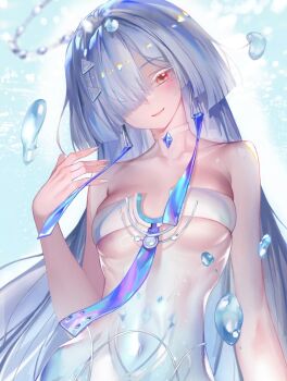 1girl bare_shoulders breasts closed_mouth collarbone colored_eyelashes commentary earrings fingernails grey_hair hair_ornament hair_over_one_eye halo hand_up ina_(mikamixx) jewelry light_blush long_fingernails long_hair looking_at_viewer medium_breasts mornye_(wuthering_waves) nail_polish navel red_eyes see-through_body smile solo stomach triangle_earrings upper_body white_nails wuthering_waves