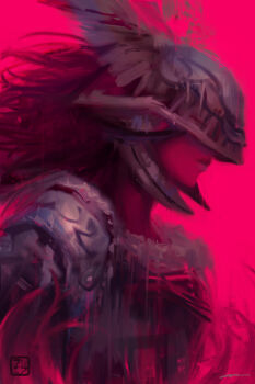 1girl alex_chow armor cape closed_mouth covered_eyes dress elden_ring fantasy helmet highres long_hair malenia_blade_of_miquella mechanical_arms portrait prosthesis prosthetic_arm red_cape red_hair simple_background single_mechanical_arm solo very_long_hair winged_helmet