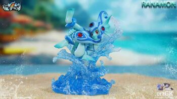 Rule 34 | 1girl, ass, blue one-piece swimsuit, breasts, clothing cutout, digimon, digimon (creature), fetal position, fins, frog girl, full body, head fins, helmet, jang shi che studio, monster girl, navel cutout, one-piece swimsuit, photo (medium), ranamon, red eyes, smile, solo, swimsuit, water, wide hips