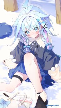 Rule 34 | 1girl, ahoge, alternate costume, black shoes, blue bow, blue eyes, blue hair, blue skirt, bow, braid, closed mouth, commentary request, ear piercing, foot out of frame, hair bow, hair flaps, hair intakes, hair ornament, hairclip, highres, hololive, hololive dev is, jewelry, light blush, lightning ahoge, long sleeves, looking at viewer, low twin braids, medium hair, mizumiya su, multicolored hair, on ground, outdoors, parallel hairclips, piercing, pink streaks, pom pom (clothes), poruporupriiin, pout, puffy long sleeves, puffy sleeves, ring, shoes, sitting, skirt, snow, solo, streaked hair, thigh strap, twin braids, twitter username, two-tone hair, virtual youtuber, winter clothes, x hair ornament