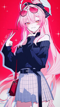 1girl absurdres aemeath_(wuthering_waves) ahoge alternate_costume bare_shoulders black_bow black_sweater bow breasts character_name commentary cowboy_shot eyewear_on_head fingernails grey_skirt hair_bow hair_intakes hands_up highres kabu_xblezzz long_fingers long_hair long_sleeves looking_at_viewer medium_breasts nail_polish off-shoulder_sweater off_shoulder orange_eyes pink_hair pink_nails red_background signature skirt smile solo sunglasses sweater v very_long_hair wuthering_waves