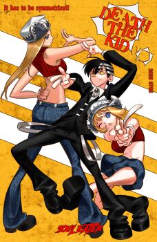 1boy 2girls black_suit blonde_hair blue_eyes commentary copyright_name crop_top dated death_the_kid denim elizabeth_thompson eu_nil2020 formal_clothes full_body hat highres jeans jewelry korean_commentary long_hair looking_at_viewer multiple_girls necktie one_eye_closed pants patricia_thompson puffy_shorts ring short_hair shorts siblings sisters soul_eater suit white_necktie yellow_eyes