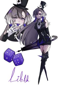 1girl arms_behind_back bare_shoulders black_hat breasts bright_pupils colored_tongue commentary dice dice_earrings earrings english_commentary fishnets gradient_hair grey_hair hat highres holding holding_umbrella jewelry ka_yoru lilith:_daemonissa_(pgr) lilith_(pgr) mark_under_eye mechanical_legs medium_breasts multicolored_hair open_mouth punishing:_gray_raven purple_eyes purple_tongue smile umbrella