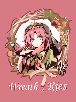 1girl 25ocoveryui absurdres blue_eyes bow chestnut christmas christmas_wreath commentary_request curtained_hair eiyuu_densetsu english_text floating_hair highres holding long_hair nun_headdress parted_bangs pink_background pink_hair puritan_collar ribbon ries_argent simple_background solo sora_no_kiseki wreath