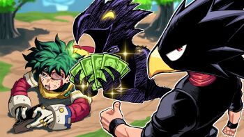 2boys absurdres aka_nobodyy banknote beak black_feathers black_shirt blood blood_on_face boku_no_hero_academia crying dark_shadow feathers gloves green_eyes green_hair highres holding holding_wallet looking_at_viewer midoriya_izuku money multiple_boys ok_sign open_mouth outdoors red_eyes shirt short_sleeves smile tokoyami_fumikage tree wallet white_gloves