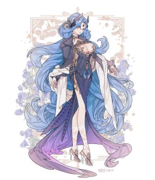 1girl black_dress black_jacket blue_dress blue_flower blue_gemstone blue_hair blue_rose breasts chain cleavage cleavage_cutout clothing_cutout commentary commission dress embroidery floral_background flower frills full_body gem gem_on_head high_heels jacket jacket_on_shoulders large_breasts lemon89h long_hair looking_at_viewer original pink_nails rococo_movement rose shawl sleeves_past_wrists solo standing very_long_hair wavy_hair white_shawl yellow_eyes