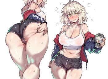 1girl absurdres ahoge ass bare_shoulders beer_can black_shorts blue_jacket blush breasts cameltoe camisole can cleavage covered_erect_nipples dolphin_shorts drink_can fate/grand_order fate_(series) grabbing_own_ass grey_hair highres jacket jeanne_d'arc_alter_(fate) large_breasts long_sleeves looking_at_viewer midriff multiple_views navel off_shoulder open_mouth radishkek short_hair short_shorts shorts smile sweat thighs white_camisole yellow_eyes