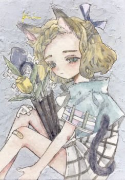 Rule 34 | 1girl, acrylic paint (medium), animal ears, bandages, bandaid, blonde hair, blue eyes, blush, bouquet, bow, braid, cat ears, closed mouth, commentary request, feet out of frame, flower, from side, hair bow, hair ribbon, highres, karintoun, original, painting (medium), plaid clothes, plaid skirt, ribbon, sad, short hair, signature, simple background, sitting, skirt, tail, traditional media, watercolor (medium), white background