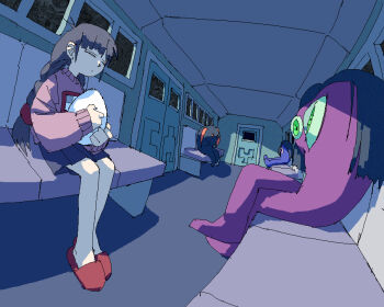 Rule 34 | 1girl, black skirt, blunt bangs, braid, brown hair, checkered clothes, closed eyes, closed mouth, creature, dot mouth, egg, green eyes, highres, holding, holding egg, long sleeves, madotsuki, medium hair, pantsu-ripper, pink sweater, pleated skirt, red slippers, sidelocks, sitting, skirt, sleeves past wrists, slippers, sweater, third-party source, train interior, train passenger (yume nikki), twin braids, yume nikki