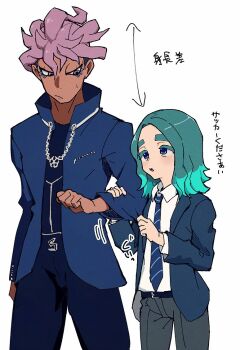2boys aqua_hair arrow_(symbol) blue_eyes blue_jacket blue_necktie blue_pants chest_height collared_shirt dark-skinned_male dark_skin grey_pants height_difference inazuma_eleven_(series) inazuma_eleven_victory_road jacket jewelry male_focus medium_hair multicolored_hair multiple_boys necklace necktie open_clothes open_jacket ozi8pm pants sakurazaki_jouji sasanami_unmei shirt simple_background striped_necktie translation_request two-tone_hair white_background white_shirt