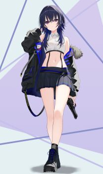 Rule 34 | 1girl, absurdres, armpit peek, bare legs, bare shoulders, belt, black hair, black jacket, black shoes, black skirt, blue hair, buttons, closed mouth, collared shirt, controller, crop top, fur trim, game controller, hand up, hashtag-only commentary, highres, holding, holding controller, holding game controller, ichinose uruha, ichinose uruha (4th costume), jacket, long hair, long sleeves, looking at viewer, loose belt, midriff, miniskirt, multicolored hair, navel, off shoulder, official alternate costume, open clothes, open jacket, pleated skirt, purple eyes, shirt, shoes, skirt, sleeveless, sleeveless shirt, socks, solo, stomach, streaked hair, suspenders, telu (teluscarlet), thighs, virtual youtuber, vspo!, white shirt