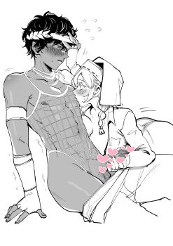 1boy 1girl abs absurdres assertive_female braid braided_sidelock breast_press breast_sucking breasts censored clothes_pull commentary dark-skinned_male dark_skin dungeon_meshi erection fingerless_gloves fishnet_leotard fishnets ganji_gupta ganji_gupta_(champion_helmsman) gloves greyscale handjob highres interracial kabru leotard mithrun monochrome nipples pants pants_pull penis sitting taka_(hahihos) testicles wreath