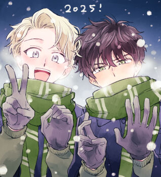 2boys albus_severus_potter black_hair black_robe blonde_hair blue_eyes cazo2ji gloves green_eyes green_scarf harry_potter_(series) harry_potter_and_the_cursed_child highres hogwarts_school_uniform male_focus multiple_boys robe scarf school_uniform scorpius_malfoy short_hair slytherin smile winter_clothes wizarding_world