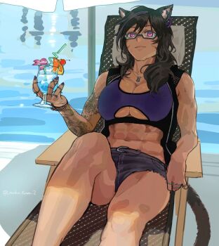 1girl animal_ears arm_tattoo bare_arms bare_legs bare_shoulders belt bendy_straw black_hair black_tail blue_hawaii borrowed_character breasts cat_ears cat_girl cat_tail chair cleavage closed_mouth clothing_cutout cocktail commentary commission cup drinking_straw facial_mark feet_out_of_frame final_fantasy final_fantasy_xiv flower food fruit glasses hibiscus highres holding holding_cup jacket jewelry knee_up large_breasts long_hair lounge_chair micro_shorts miqo&#039;te multiple_rings open_clothes open_jacket orange_(fruit) orange_slice original parasol pendant poolside purple_eyes purple_nails purple_sports_bra reclining ring shorts skeb_commission sleeveless sleeveless_jacket solo sports_bra stomach tail tattoo toned toned_female tonko_from tropical_drink twitter_username umbrella underboob_cutout vivian_grimelka_(siverstorm) warrior_of_light_(ff14) water whisker_markings