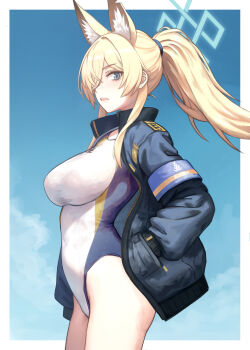 1girl animal_ear_fluff animal_ears black_jacket blonde_hair blue_archive blue_eyes blue_halo blue_one-piece_swimsuit breasts commentary_request competition_swimsuit cowboy_shot dog_ears extra_ears from_side hair_over_one_eye halo hand_in_pocket highleg highleg_one-piece_swimsuit highres jacket kanna_(blue_archive) kanna_(swimsuit)_(blue_archive) large_breasts long_hair looking_at_viewer looking_to_the_side nito_(nshtntr) one-piece_swimsuit open_mouth partially_open_jacket ponytail revision sharp_teeth solo swimsuit teeth white_one-piece_swimsuit