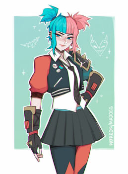 1girl black_gloves black_jacket black_skirt black_thighhighs blue_eyes closed_mouth cowboy_shot dc_comics fingerless_gloves gloves green_background green_hair grey_background harley_quinn highres jacket madogg miniskirt pink_hair pleated_skirt red_jacket red_thighhighs short_sleeves skirt smile solo suicide_squad thighhighs watermark web_address