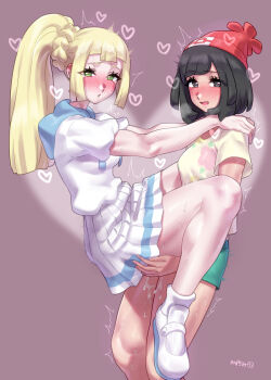 1futa 1girl beanie black_eyes black_hair blonde_hair blush clothed_sex commentary_request cum futa_with_female futanari green_eyes hat highres implied_futanari lillie_(pokemon) long_hair looking_at_viewer mizuumi_(bb) nintendo pokemon pokemon_sm red_hat selene_(pokemon) sex short_hair sweat