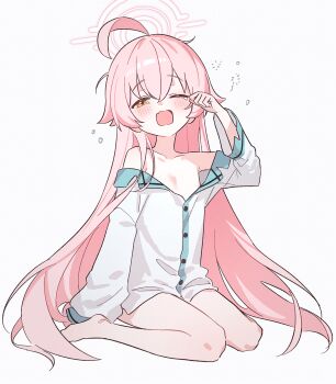 1girl alternate_costume bare_shoulders blue_archive blush breasts commentary fang fymrie hair_between_eyes hair_flaps highres hoshino_(blue_archive) long_hair long_sleeves looking_at_viewer off_shoulder one_eye_closed open_mouth pink_hair shirt simple_background sitting skin_fang small_breasts solo tearing_up thighs wariza white_background white_shirt yawning yellow_eyes