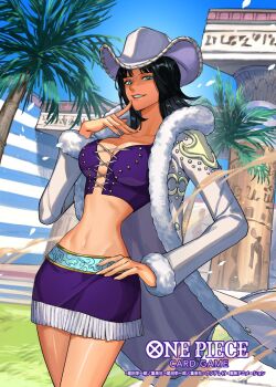 1girl black_hair blue_eyes blue_sky blunt_bangs breasts cleavage coat commentary_request cowboy_hat cowboy_shot cross-laced_clothes cross-laced_top fur-trimmed_coat fur_trim hand_on_own_hip hat highres looking_at_viewer midriff narrow_waist navel nico_robin official_art one_piece one_piece_card_game outdoors petals purple_shirt purple_skirt sand shirt skirt sky smile solo sunohara_(encount) white_coat white_hat