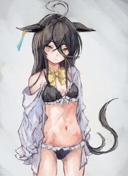 Rule 34 | 1girl, ahoge, animal ears, bare shoulders, bikini, black bikini, black hair, bow, breasts, closed mouth, collarbone, commentary request, ear tag, earrings, hair between eyes, horse ears, horse girl, horse tail, jewelry, long bangs, long hair, long hair between eyes, long sleeves, looking at viewer, manhattan cafe (umamusume), multicolored hair, navel, open clothes, open shirt, parted lips, shirt, simple background, single earring, small breasts, solo, stomach, swimsuit, tail, umamusume, white hair, white shirt, yanagi wakana, yellow bow, yellow eyes
