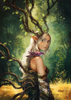 1girl absurdres animal animal_on_shoulder bird bird_on_shoulder branch breasts brown_dress david_revoy detached_sleeves dragon dress dryad fairy forest grass green_dress green_eyes highres large_breasts leaf lips long_hair nature original outdoors parted_hair pointy_ears purple_bird sideboob solo tree white_dress white_hair